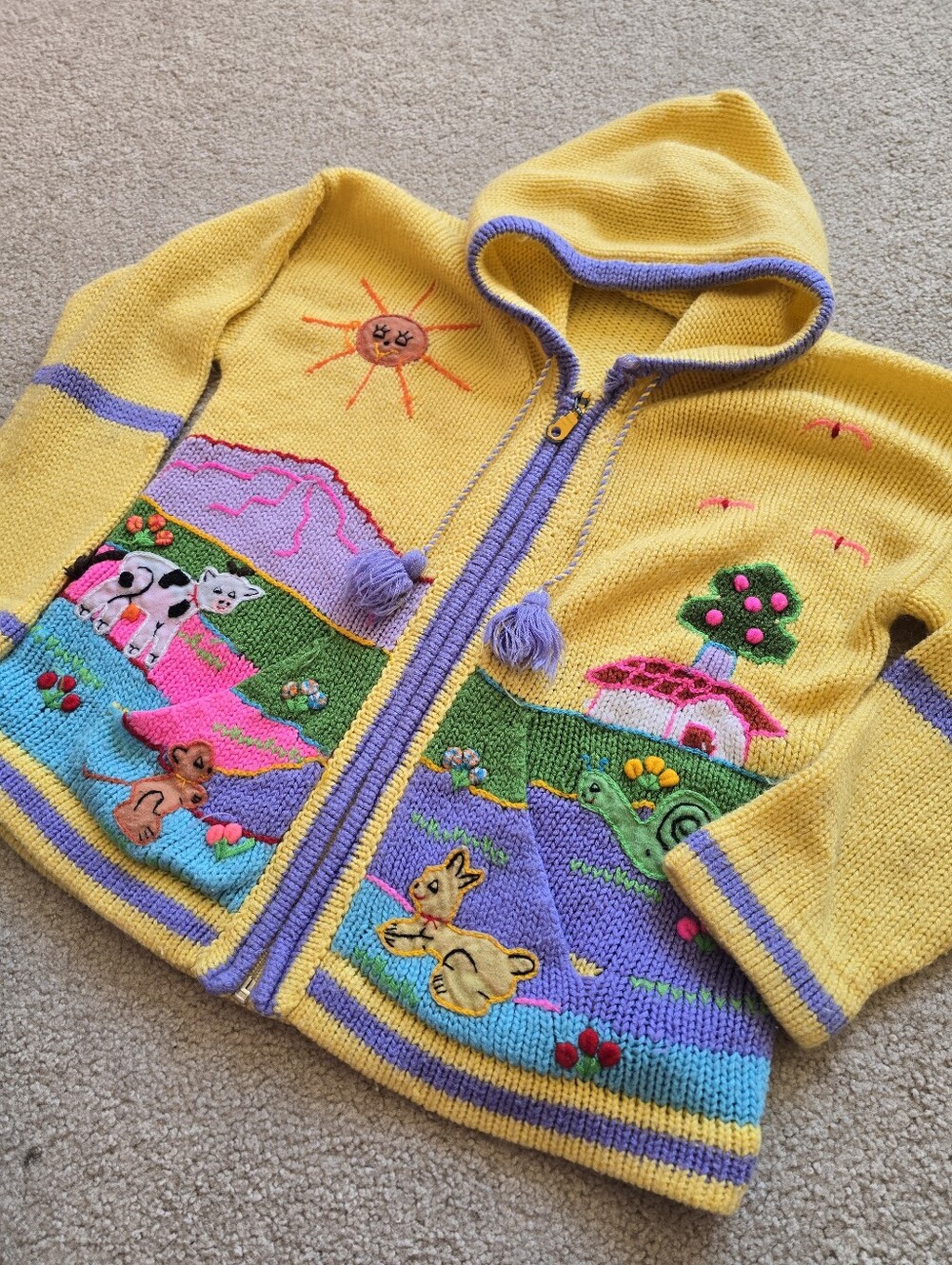 Handknit Kids Youth Hooded Zip Sweater Medium/Large